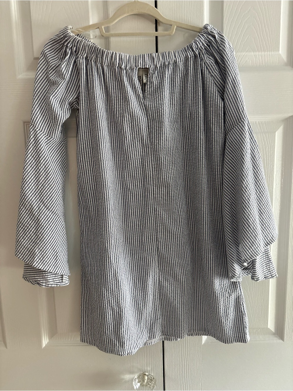 Mimi Chica Blue and White Striped Off-Shoulder Top